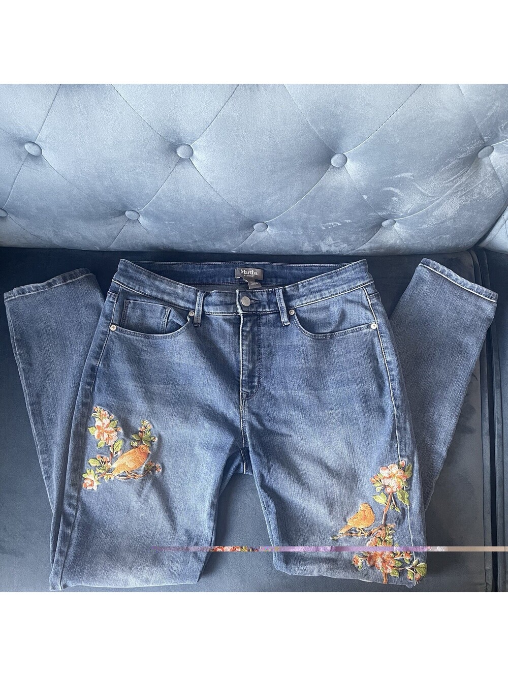 Martha Stewart Embroidered Canary Jeans 10 Floral Bird Denim Stretch Straight